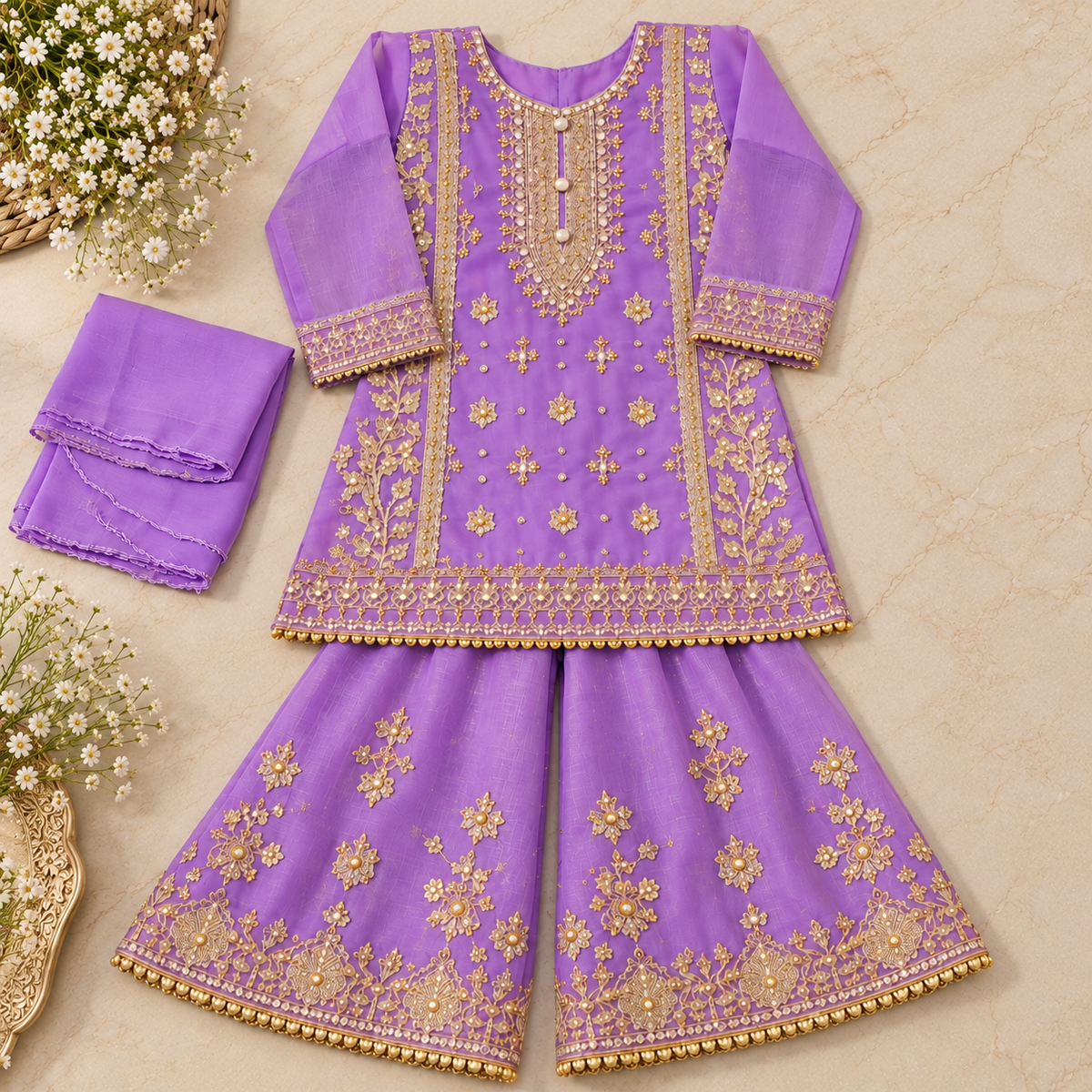 Lilac organza gharara (0-3 months to 3-4 years)