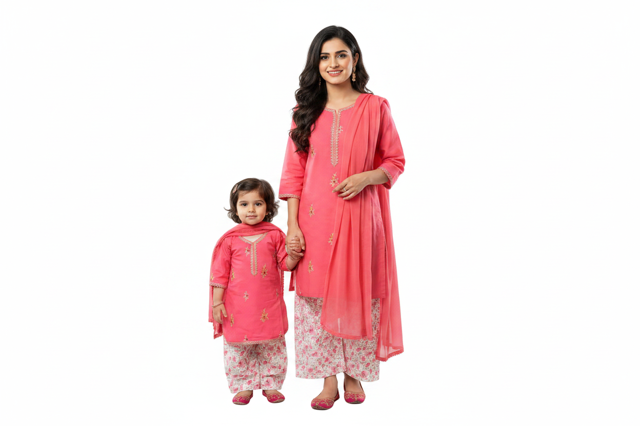 Pink puffed sleeved with farshi shalwar (0-3 months to 2-3 years)