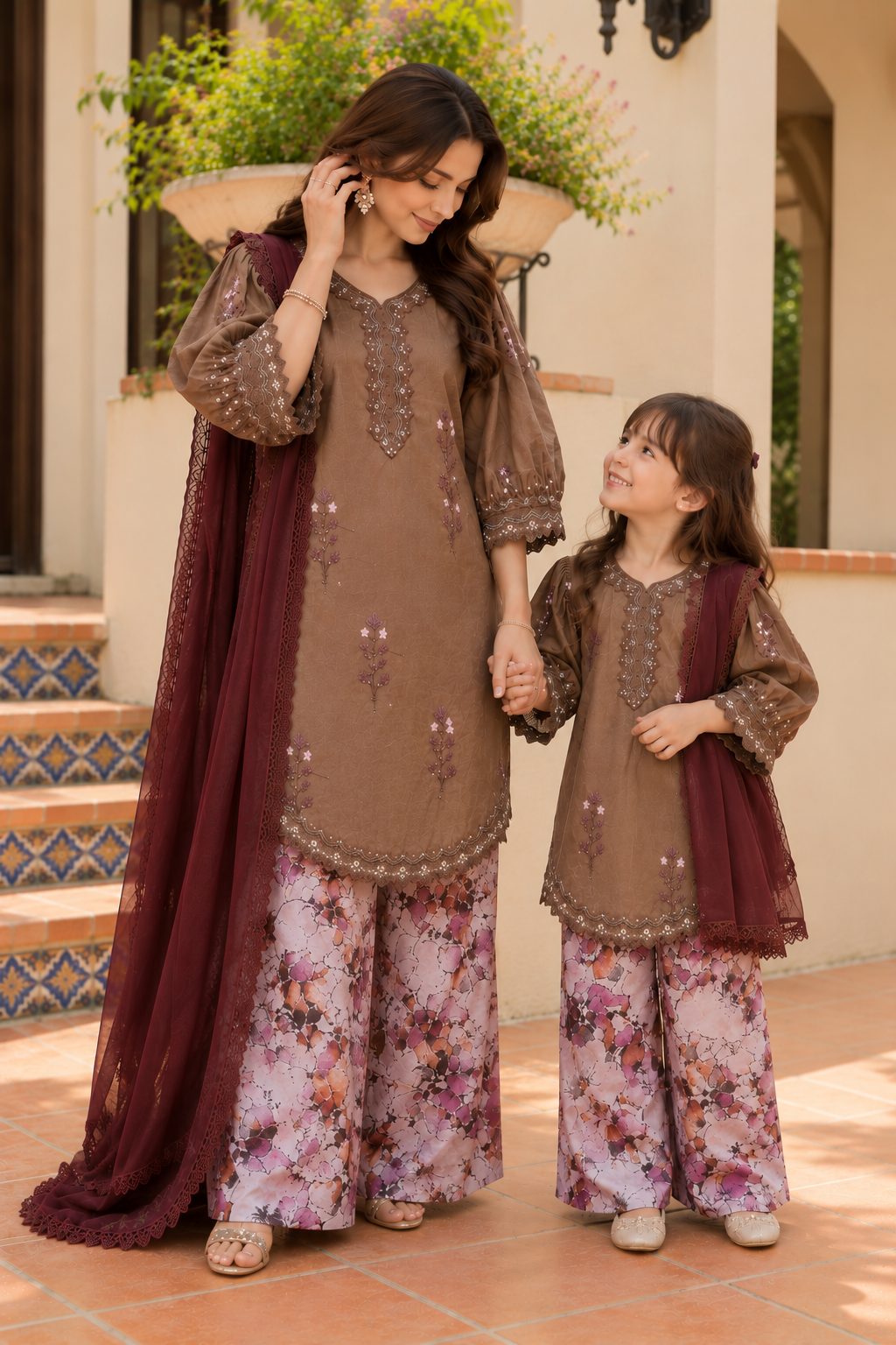 Brown puffed sleeved with farshi shalwar (0-3 months to 2-3 years)