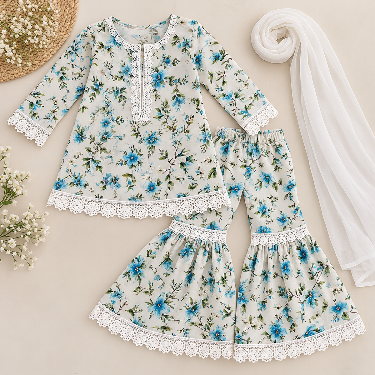 Turquoise/ white floral gharara (0-3 months to 3-4 years)