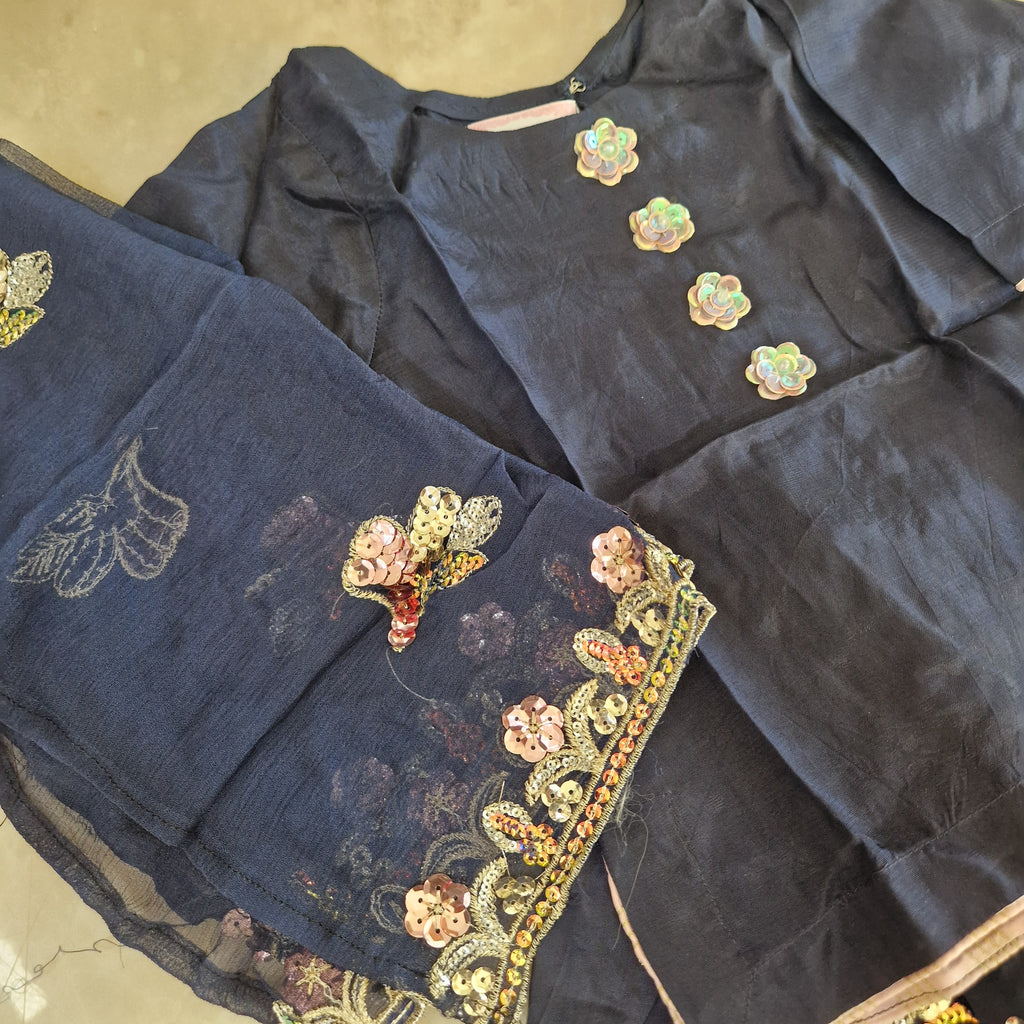 Mother Daughter- Navy silk embroidered Farshi shalwar  0-3 months to XXL