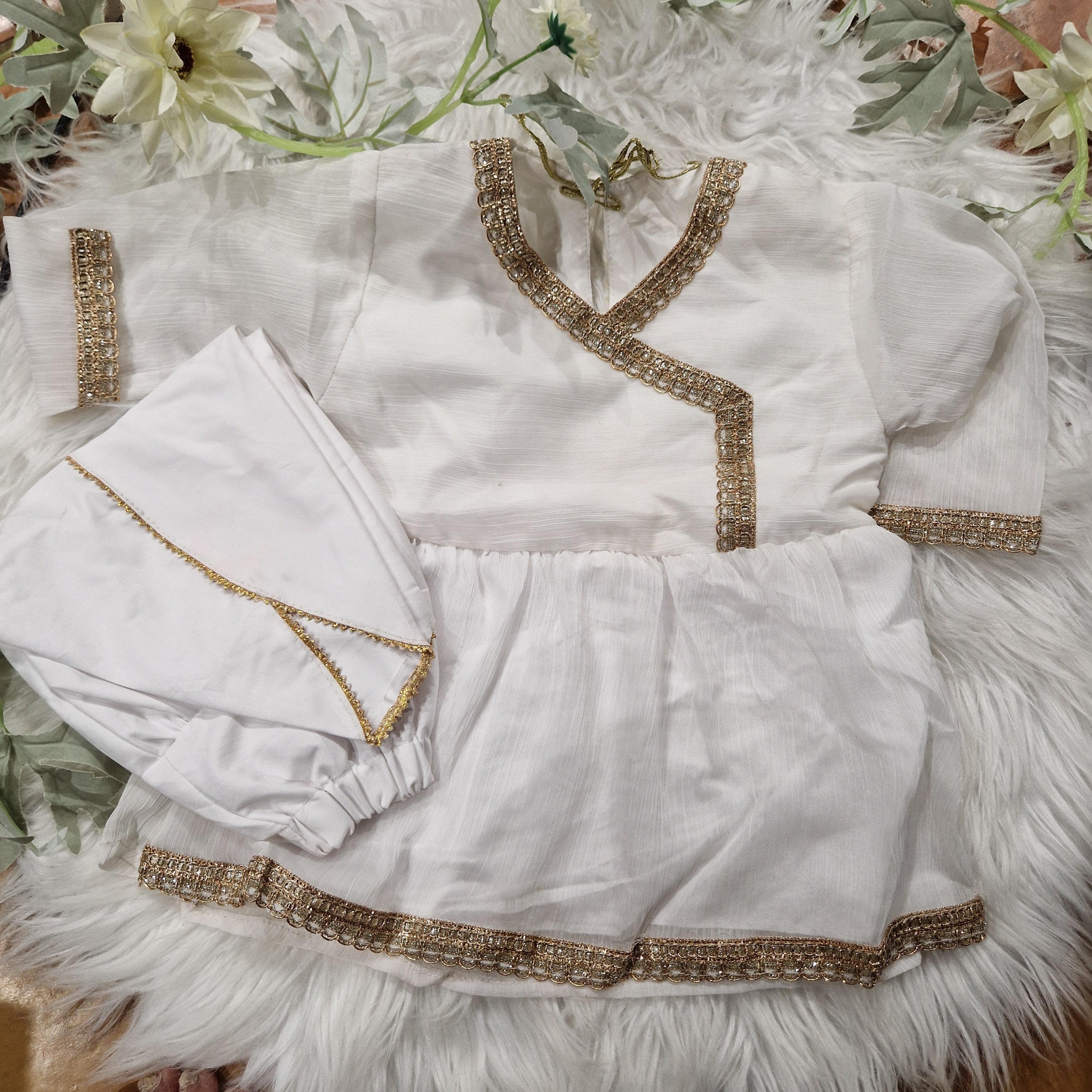 White angharka style frock with tulip (3-6 months to 2-3 years)