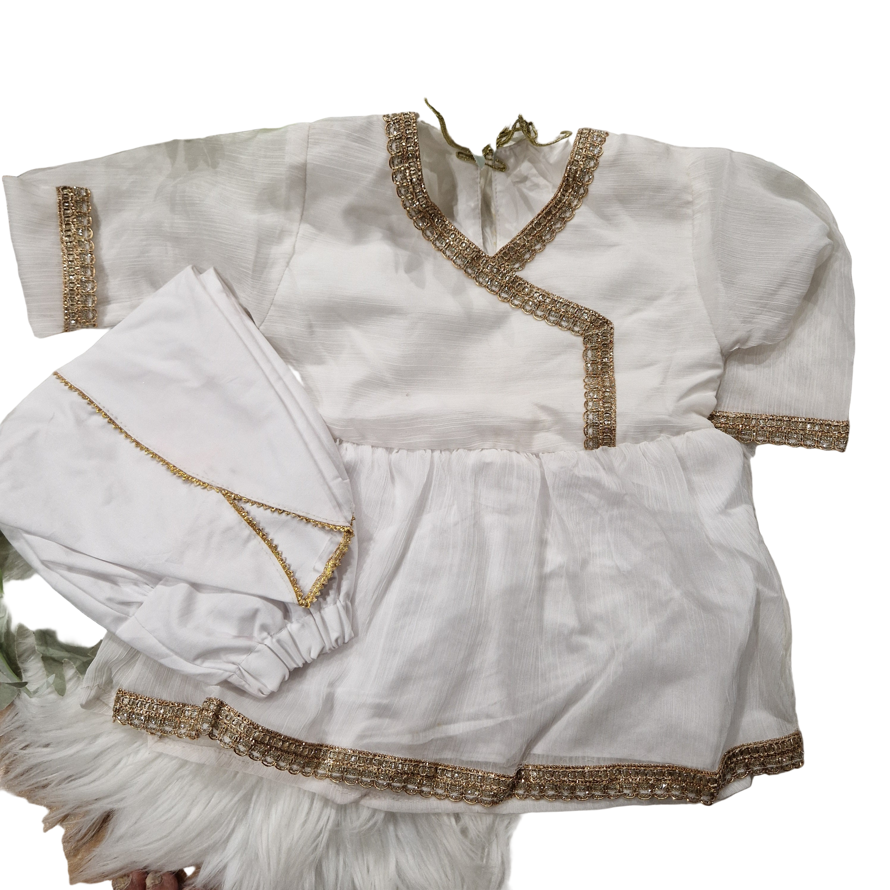 White angharka style frock with tulip (3-6 months to 2-3 years)