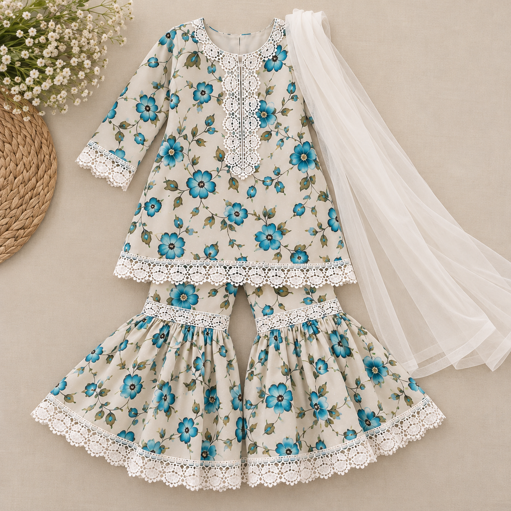 Turquoise/ white floral gharara (0-3 months to 3-4 years)