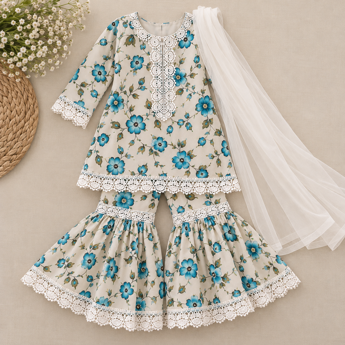 Turquoise/ white floral gharara (0-3 months to 3-4 years)