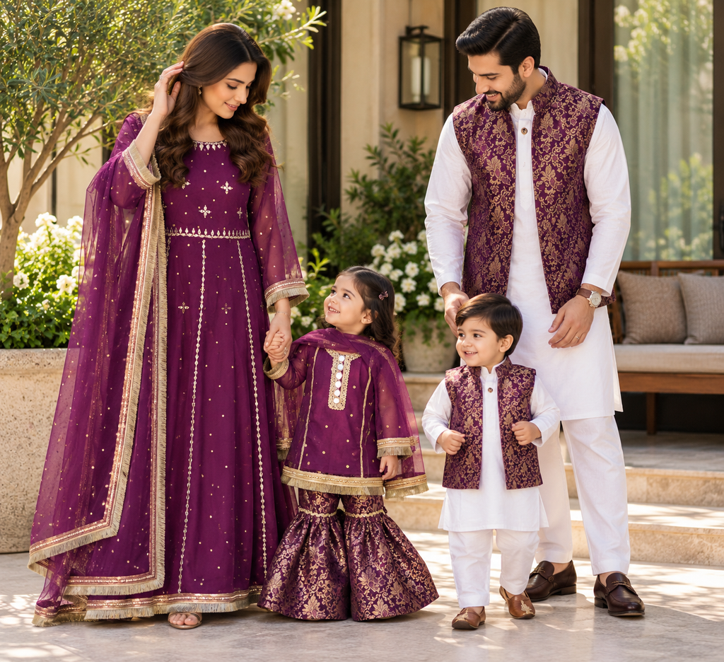 Plum Gharara with Matching Mum Maxi and Matching Boys