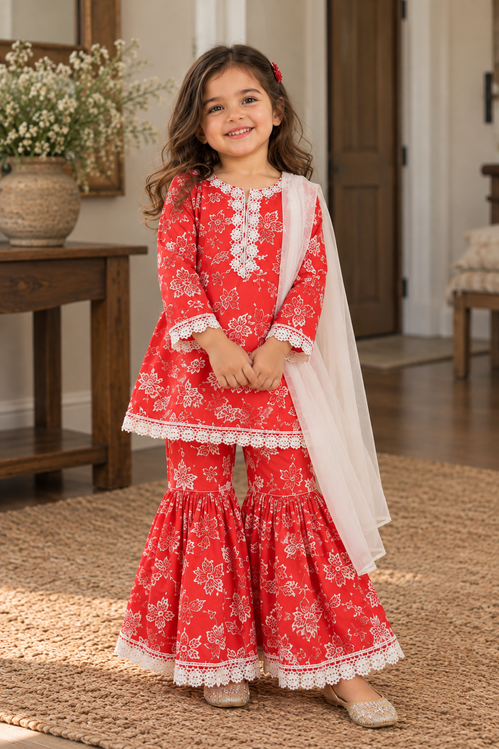 Red floral gharara (0-3 months to 3-4 years)