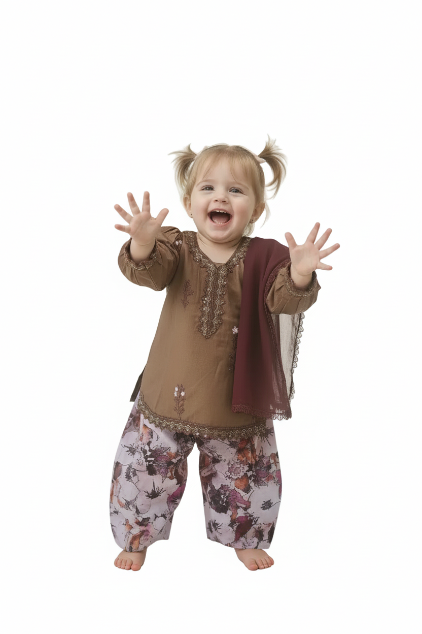 Brown puffed sleeved with farshi shalwar (0-3 months to 2-3 years)