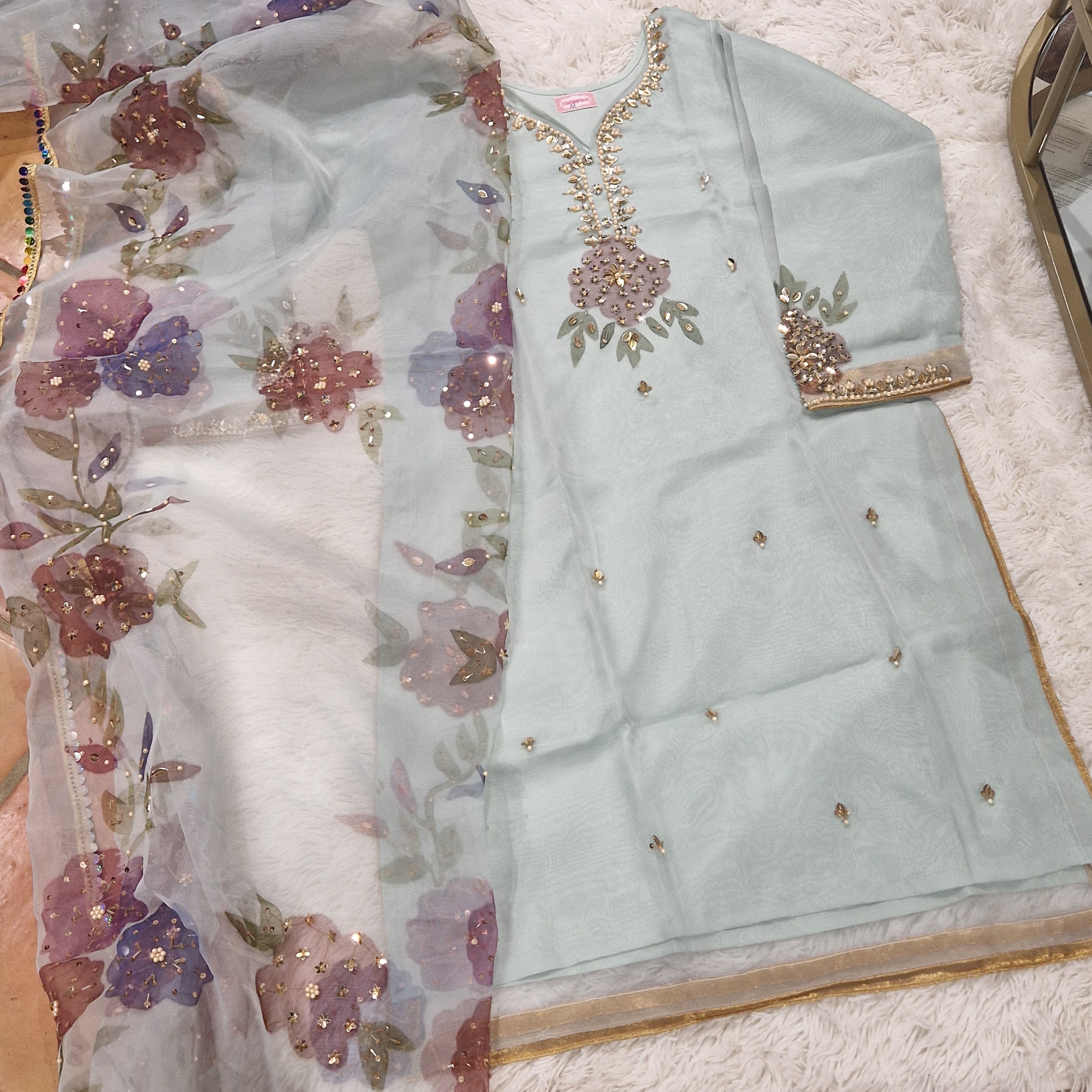 Mother Daughter -Minty organza with handpainted dupatta  (0-XXL)
