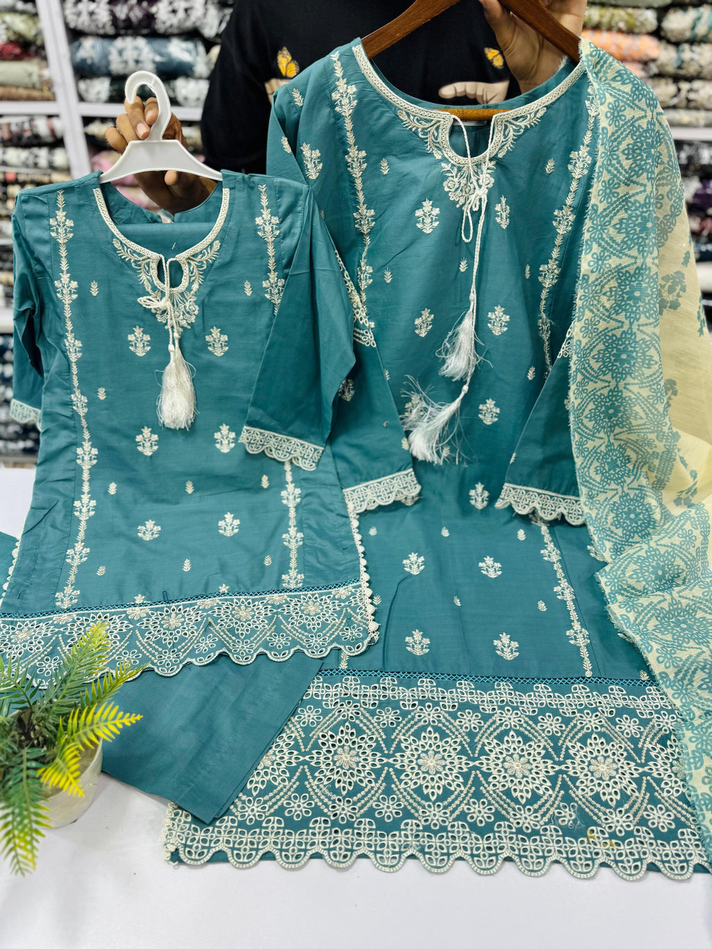 Teal Mother daughter cotton suit (2 years - Adult XL)