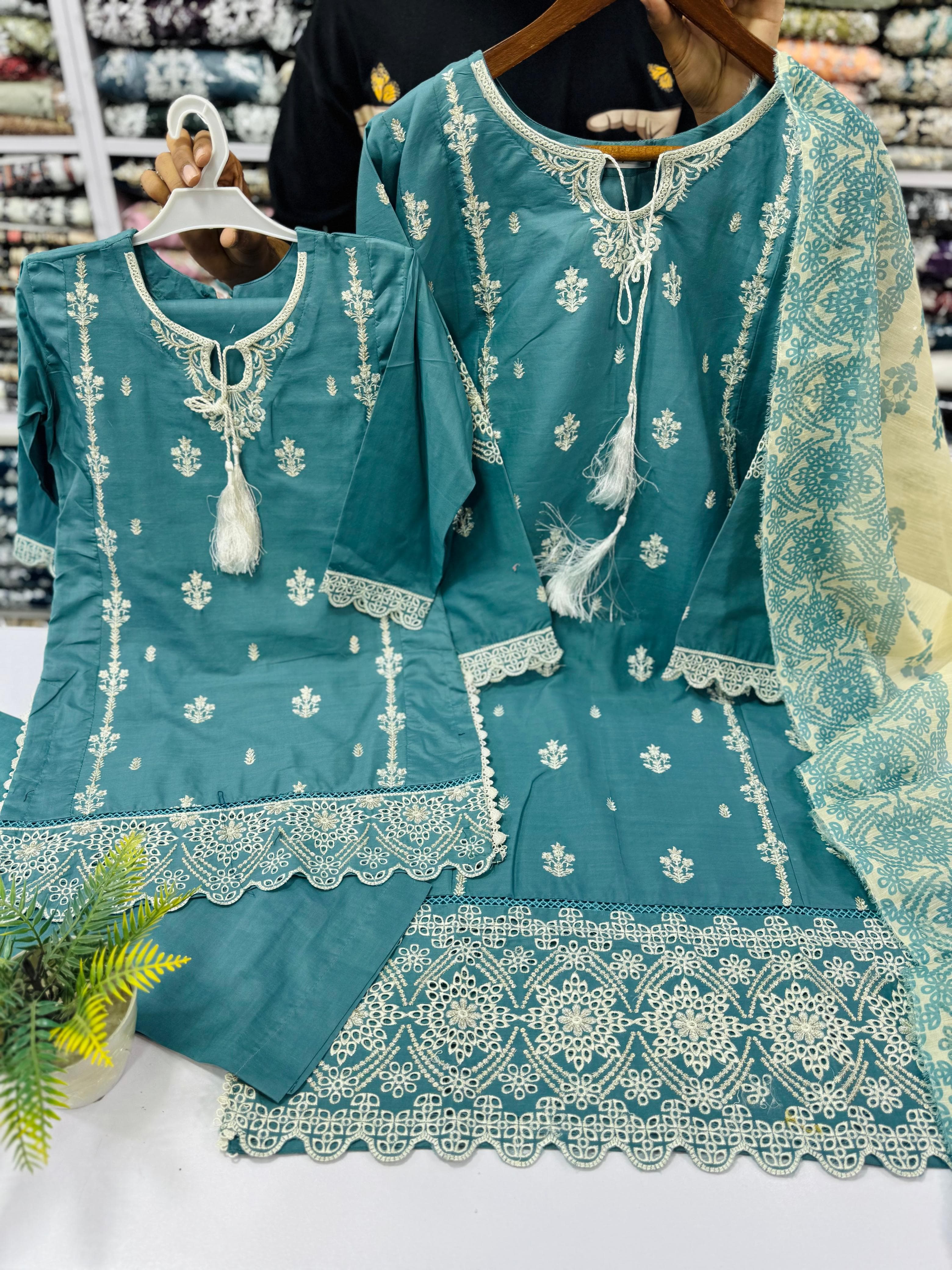 Teal Mother daughter cotton suit (2 years - Adult XL)