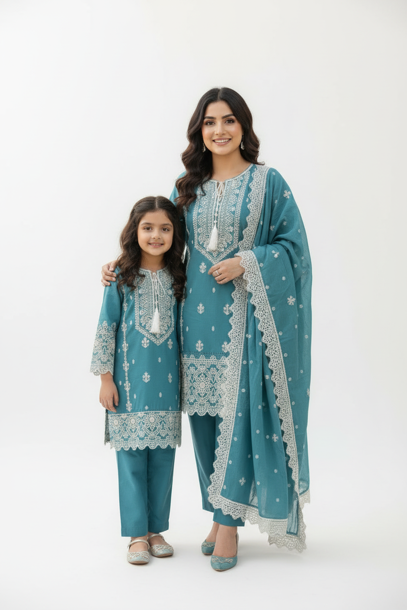 Teal Mother daughter cotton suit (2 years - Adult XL)