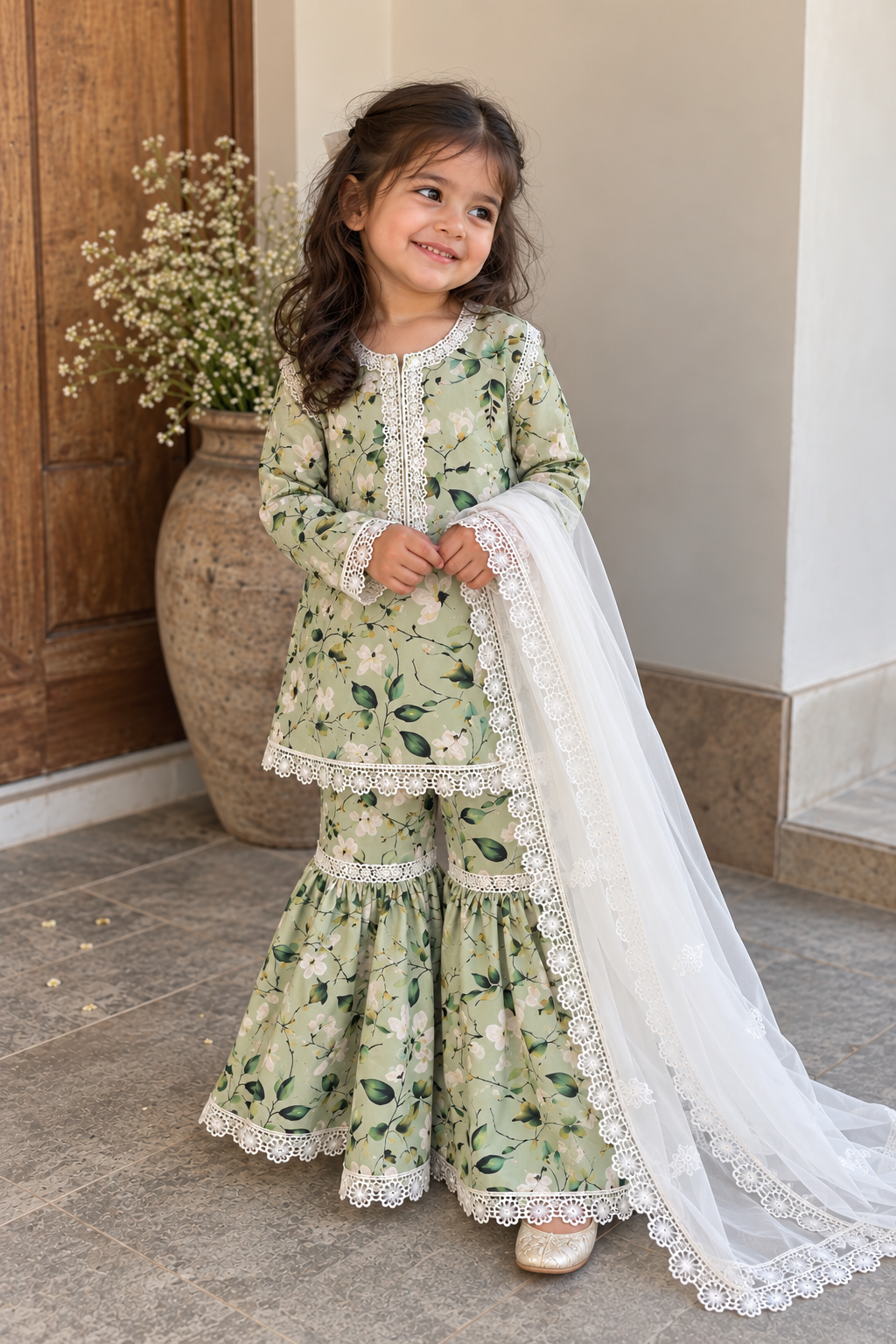 Green floral gharara (0-3 months to 3-4 years)