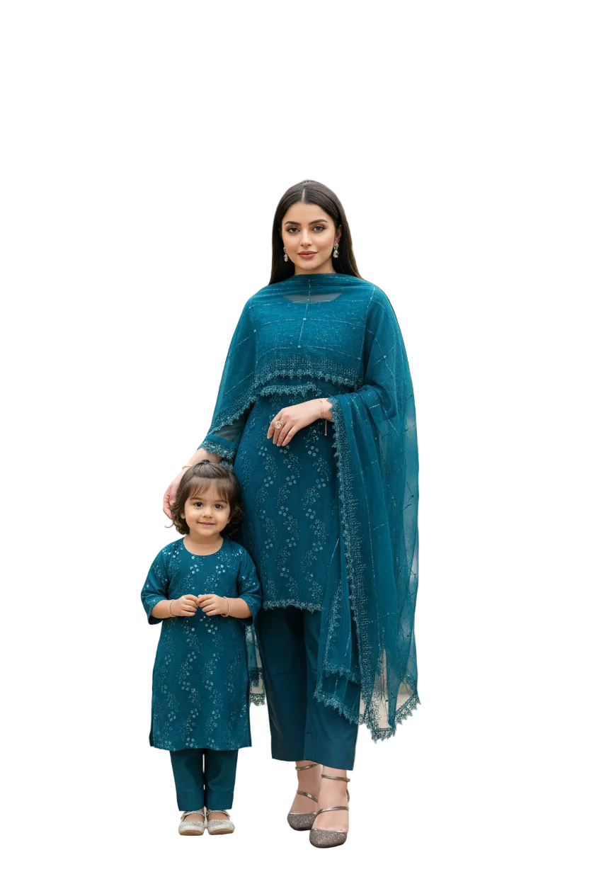 Mother daughter-Teal sequinned (0-3 months to 2-3 years)(mum xs to xl)