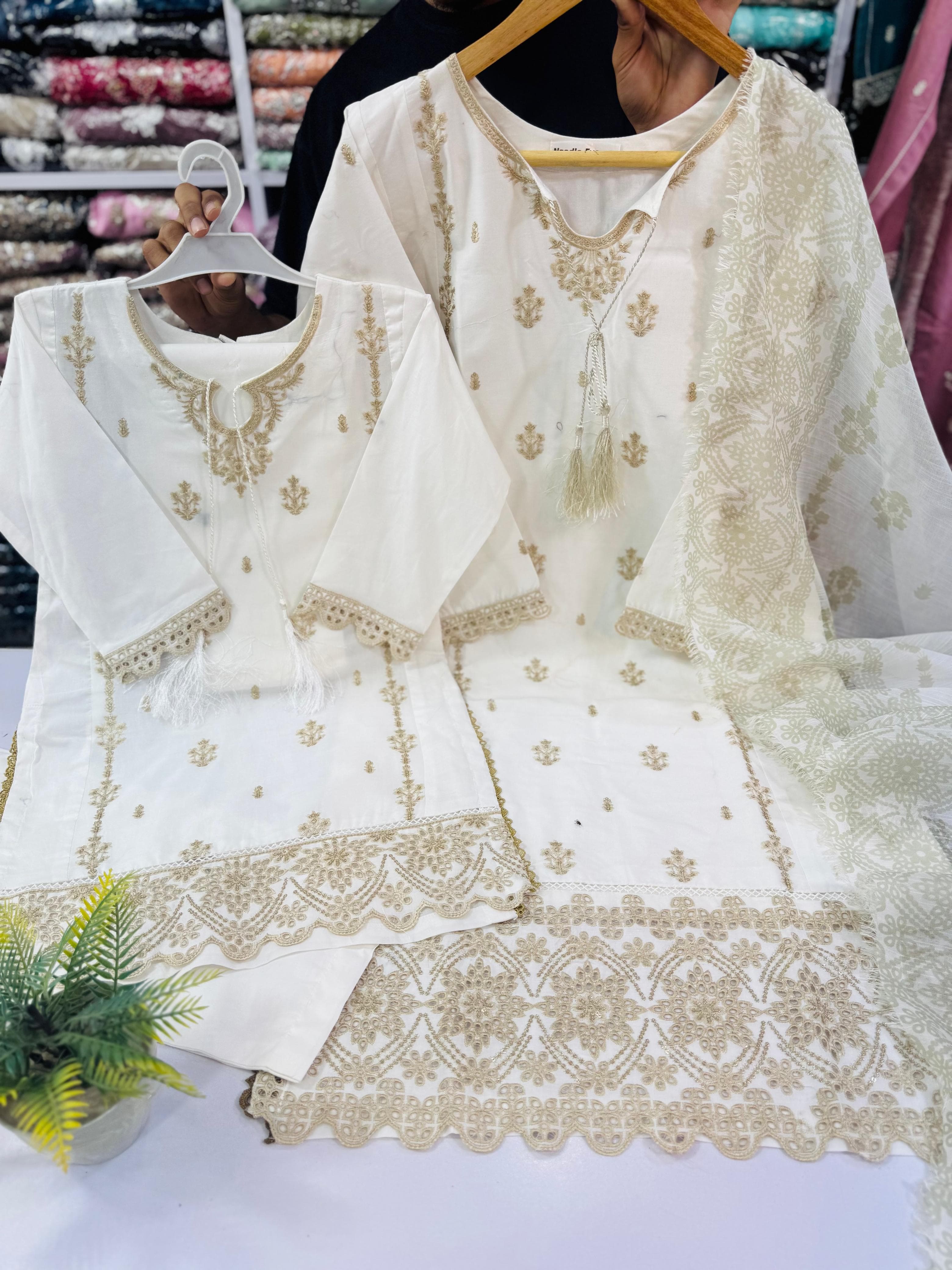 White Mother daughter cotton suit (2 years - Adult XL)