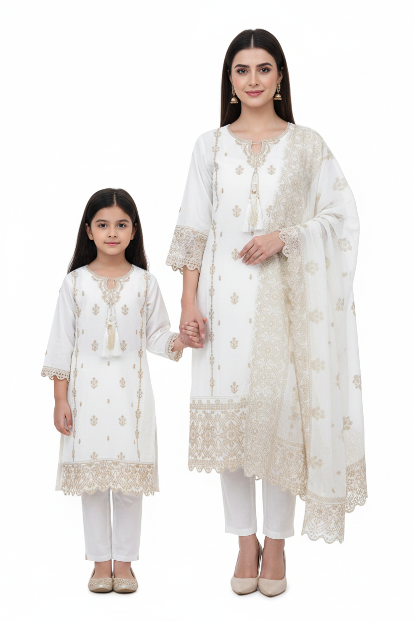 White Mother daughter cotton suit (2 years - Adult XL)
