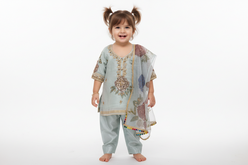 Mother Daughter -Minty organza with handpainted dupatta  (0-XXL)