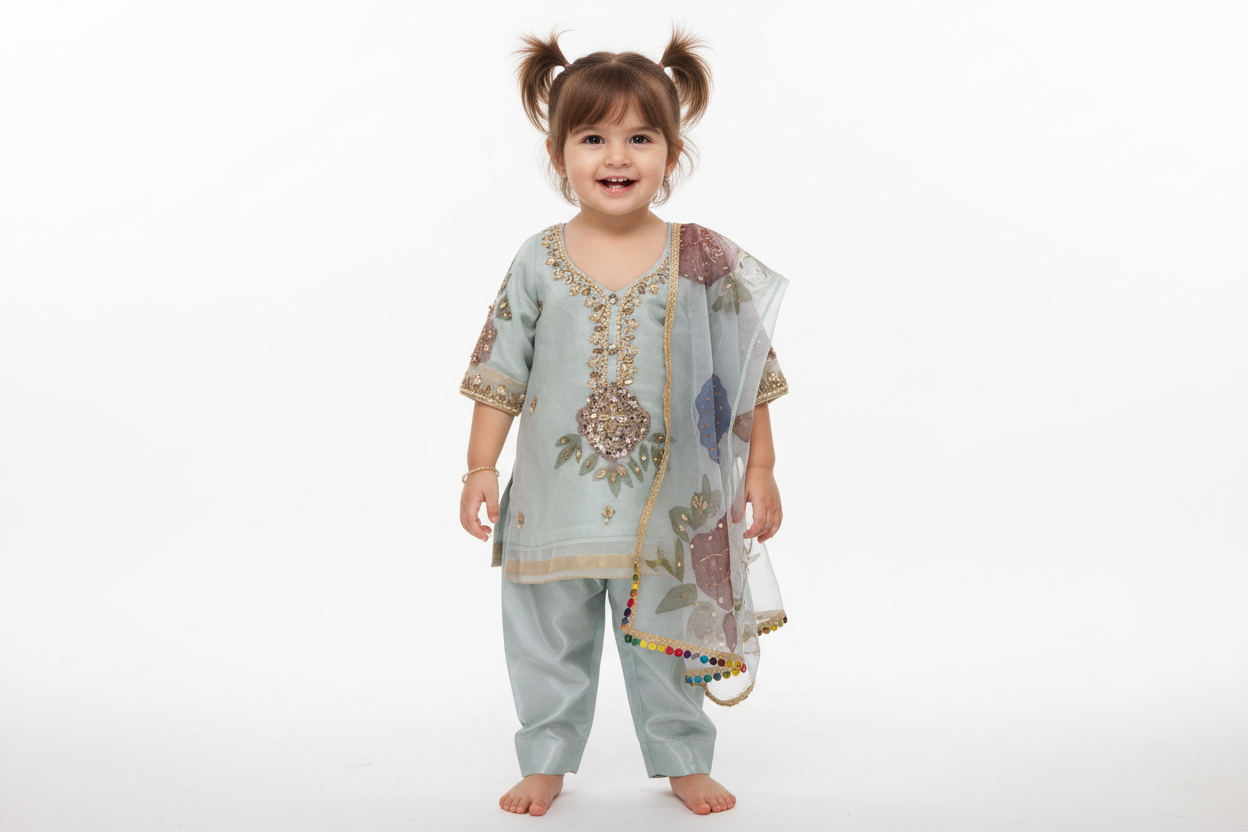 Mother Daughter -Minty organza with handpainted dupatta  (0-XXL)