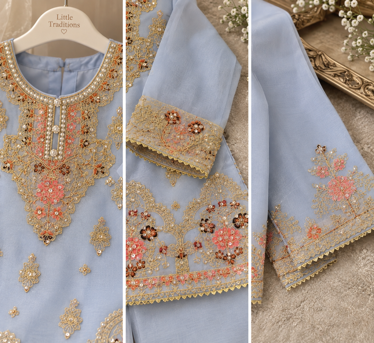 Blue/grey organza sharara (0-3 months to 3-4 years)