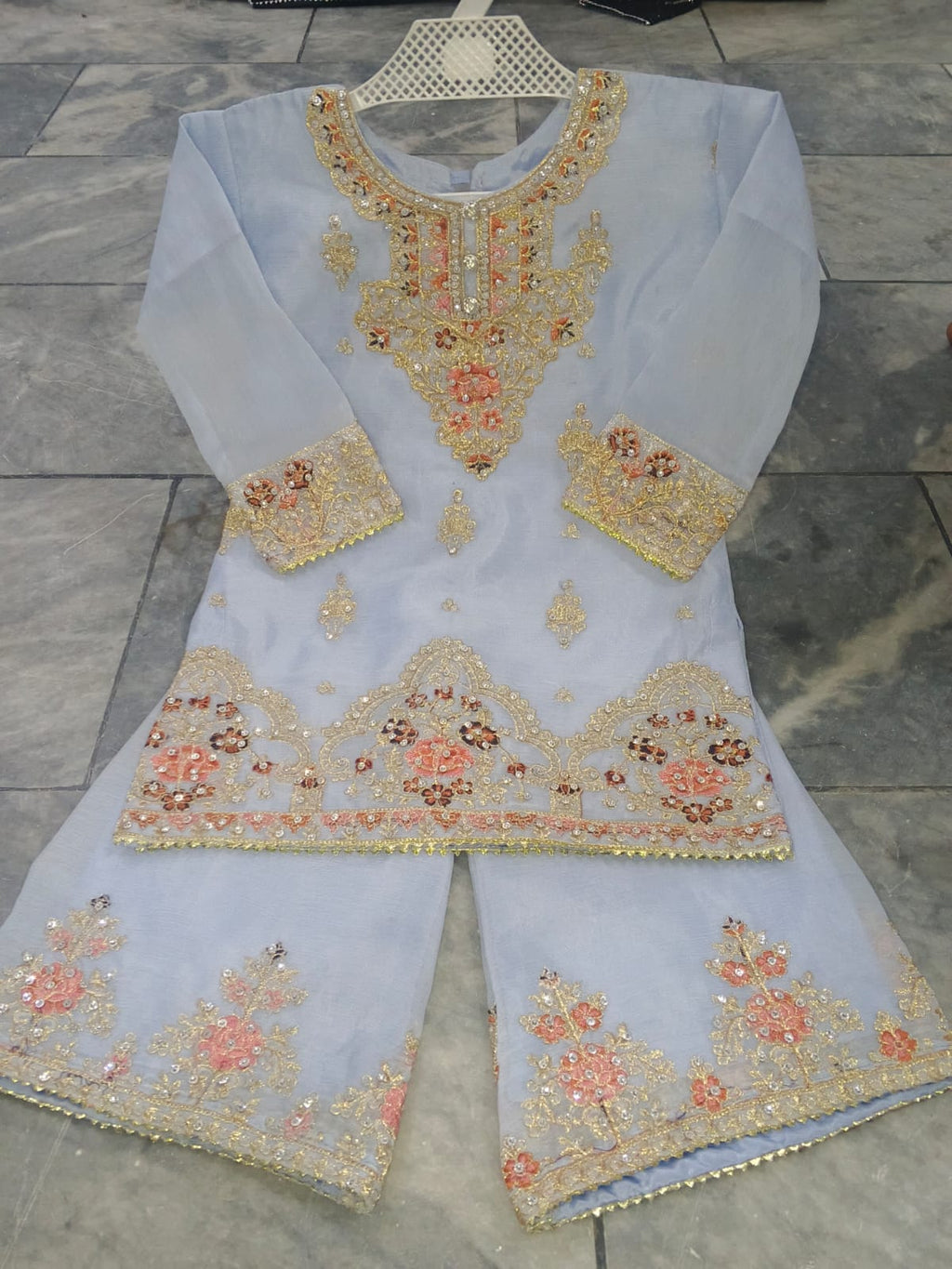 Blue/grey organza sharara (0-3 months to 3-4 years)