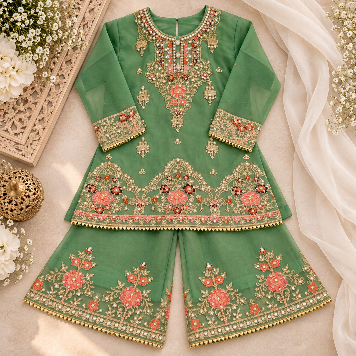 Green organza sharara (0-3 months to 3-4 years)
