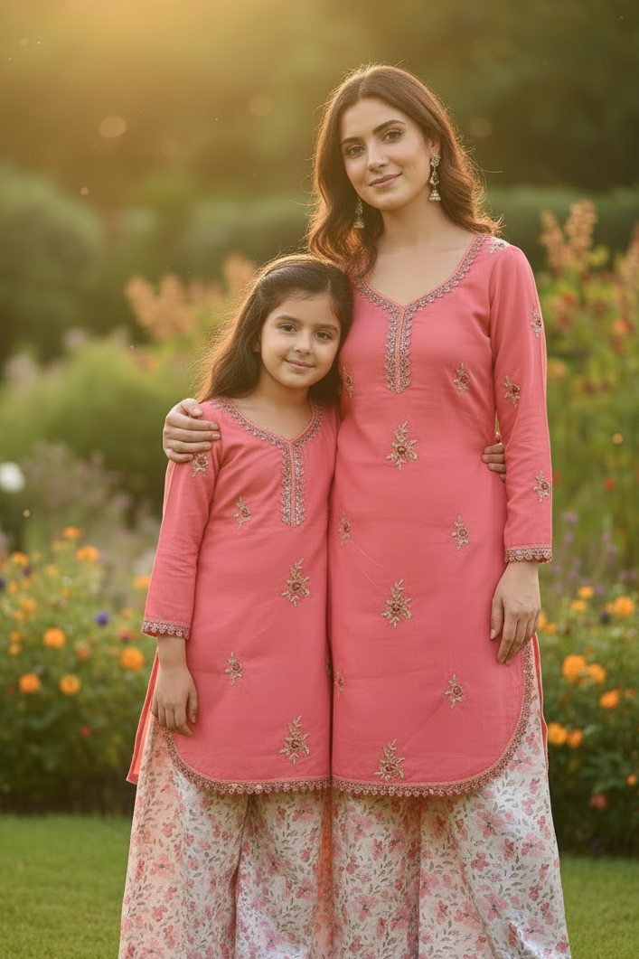Pink puffed sleeved with farshi shalwar (0-3 months to 2-3 years)