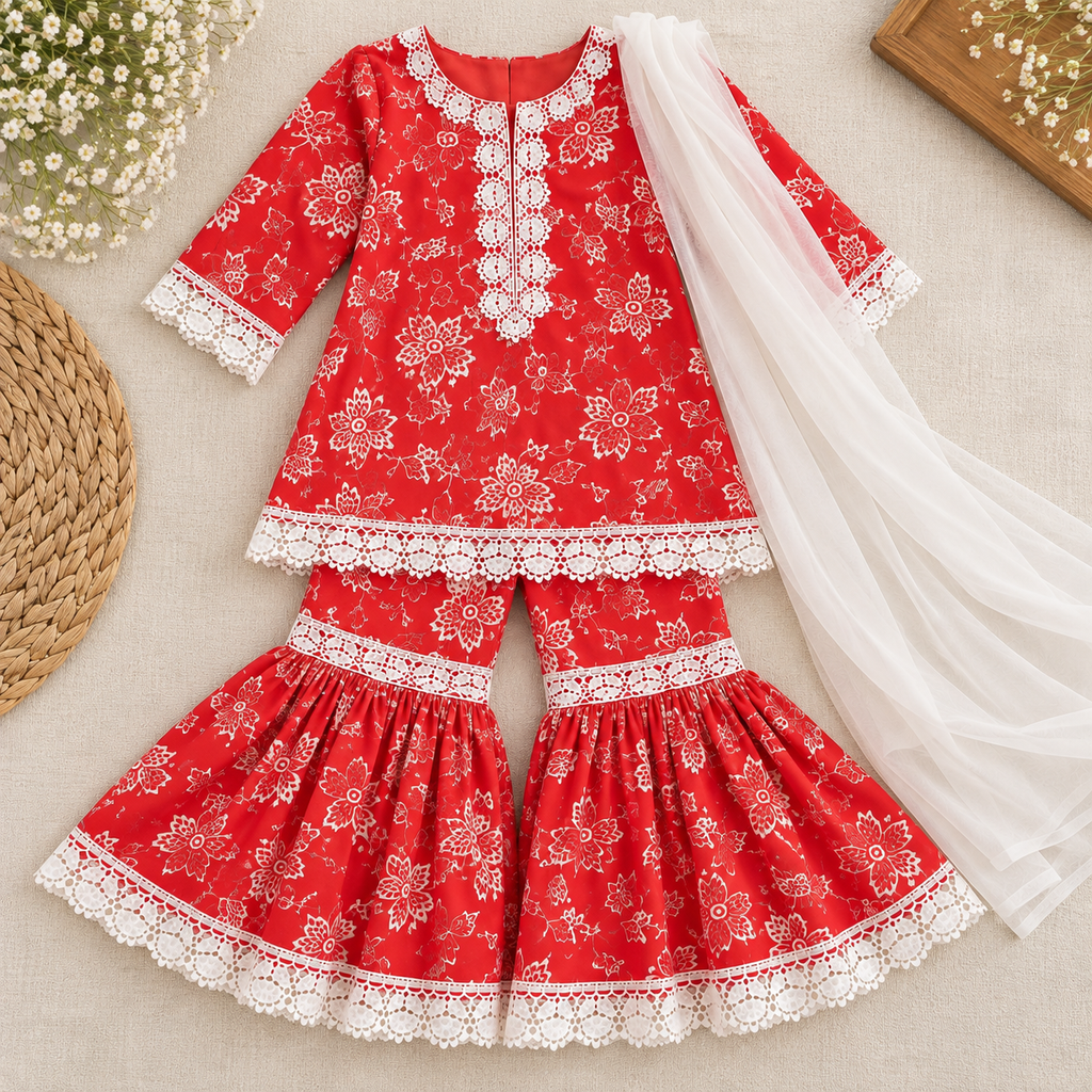 Red floral gharara (0-3 months to 3-4 years)
