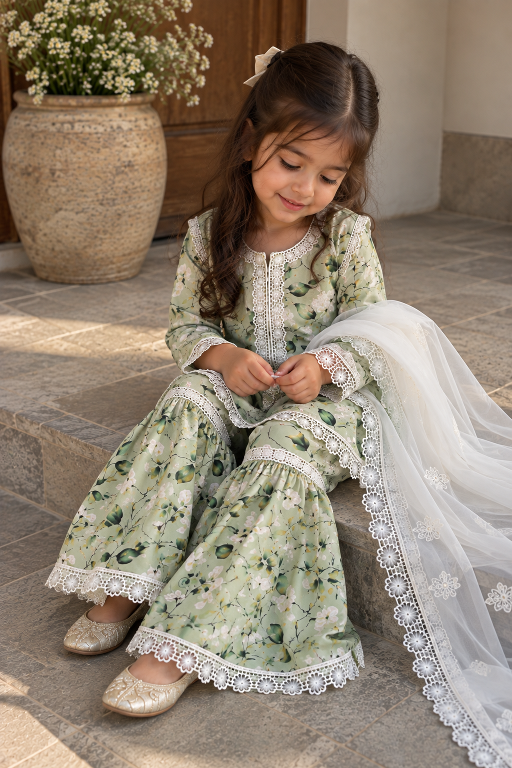 Green floral gharara (0-3 months to 3-4 years)