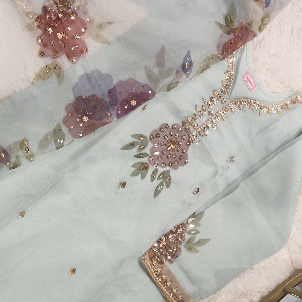 Mother Daughter -Minty organza with handpainted dupatta  (0-XXL)
