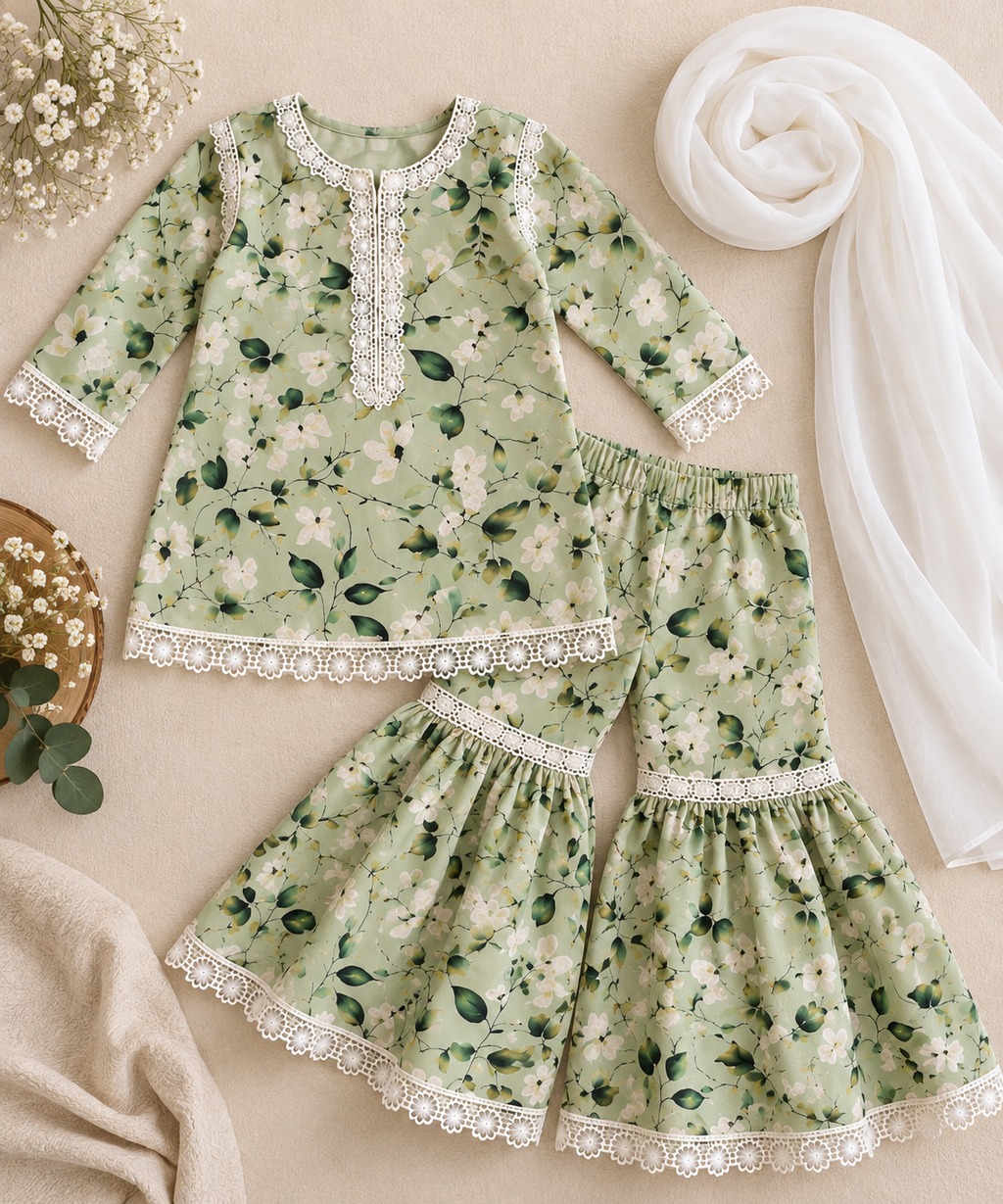 Green floral gharara (0-3 months to 3-4 years)