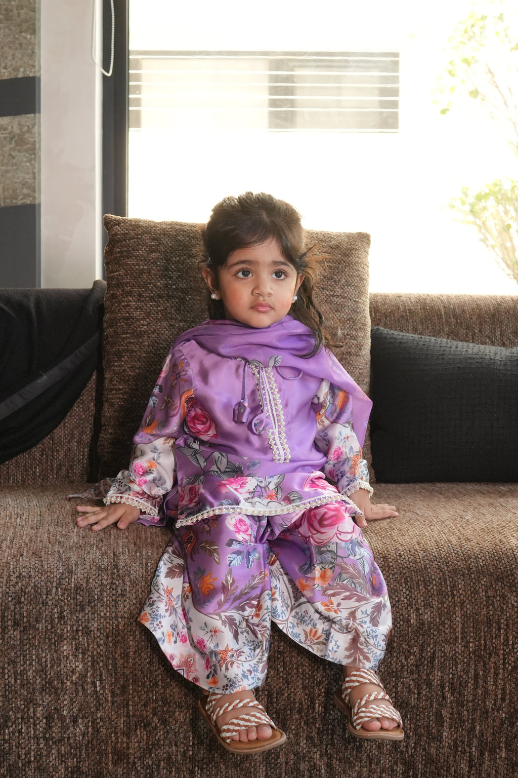 Lilac Silk KAFTAN with kids sharara