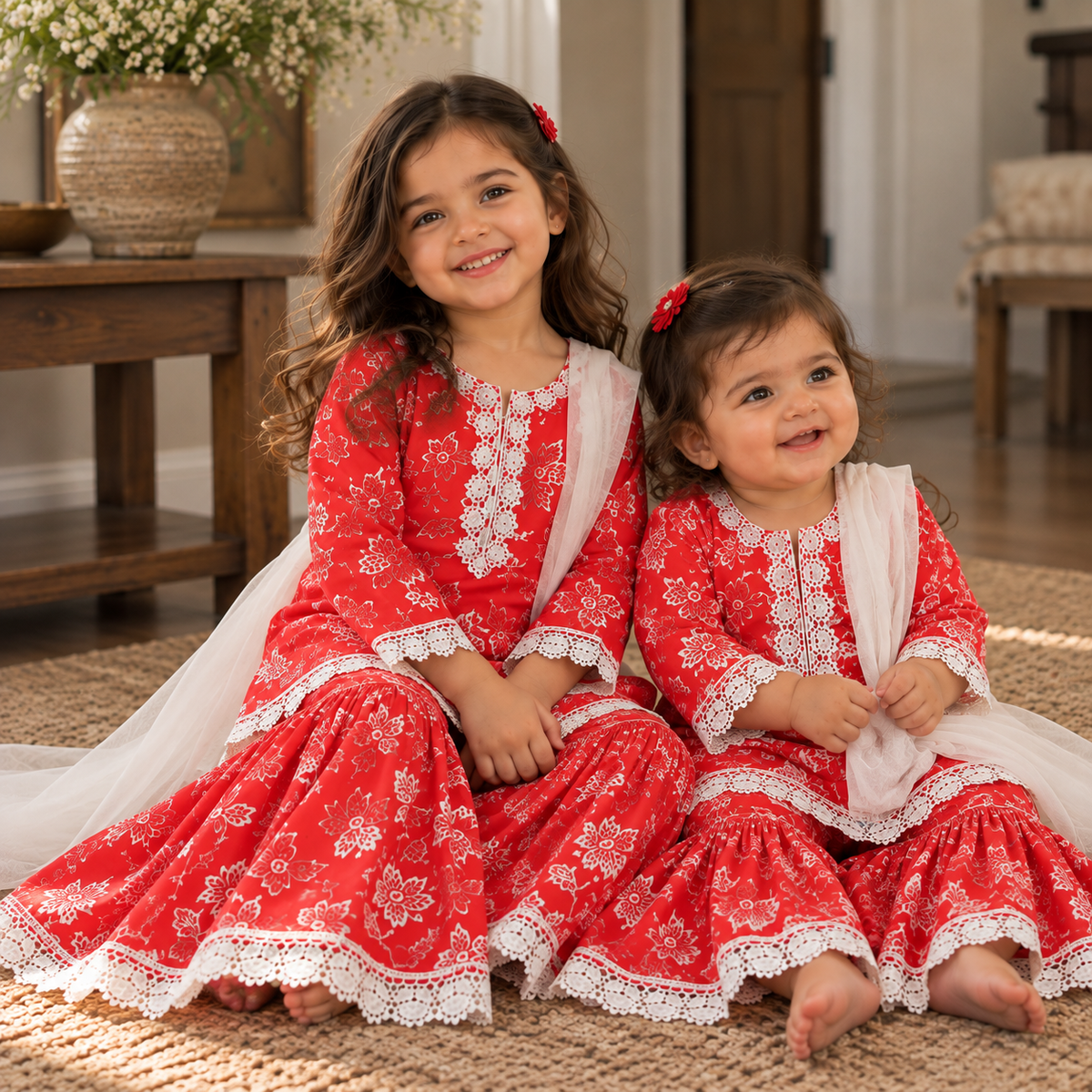 Red floral gharara (0-3 months to 3-4 years)