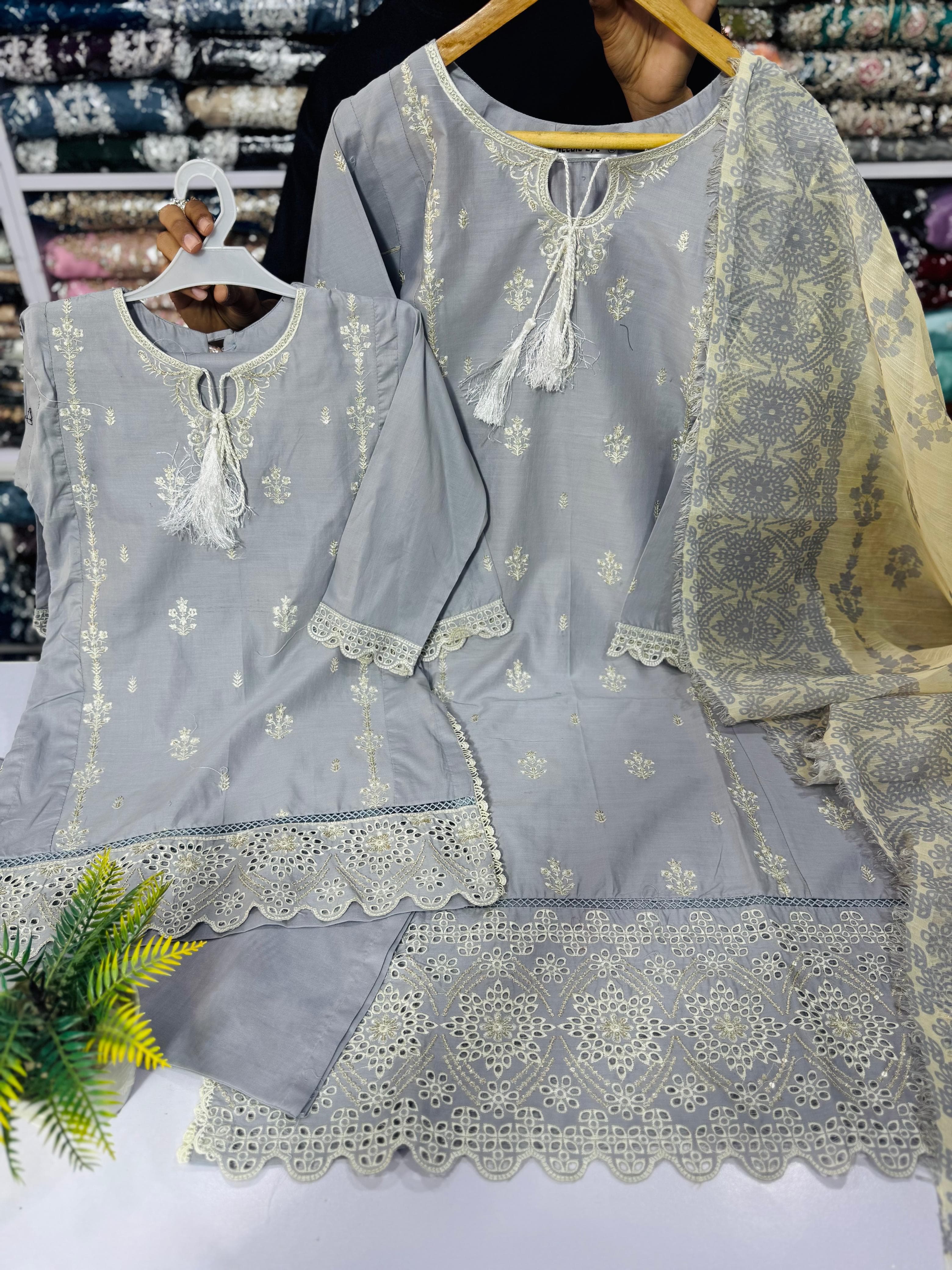 Grey Mother daughter cotton suit (2 years - Adult XL)