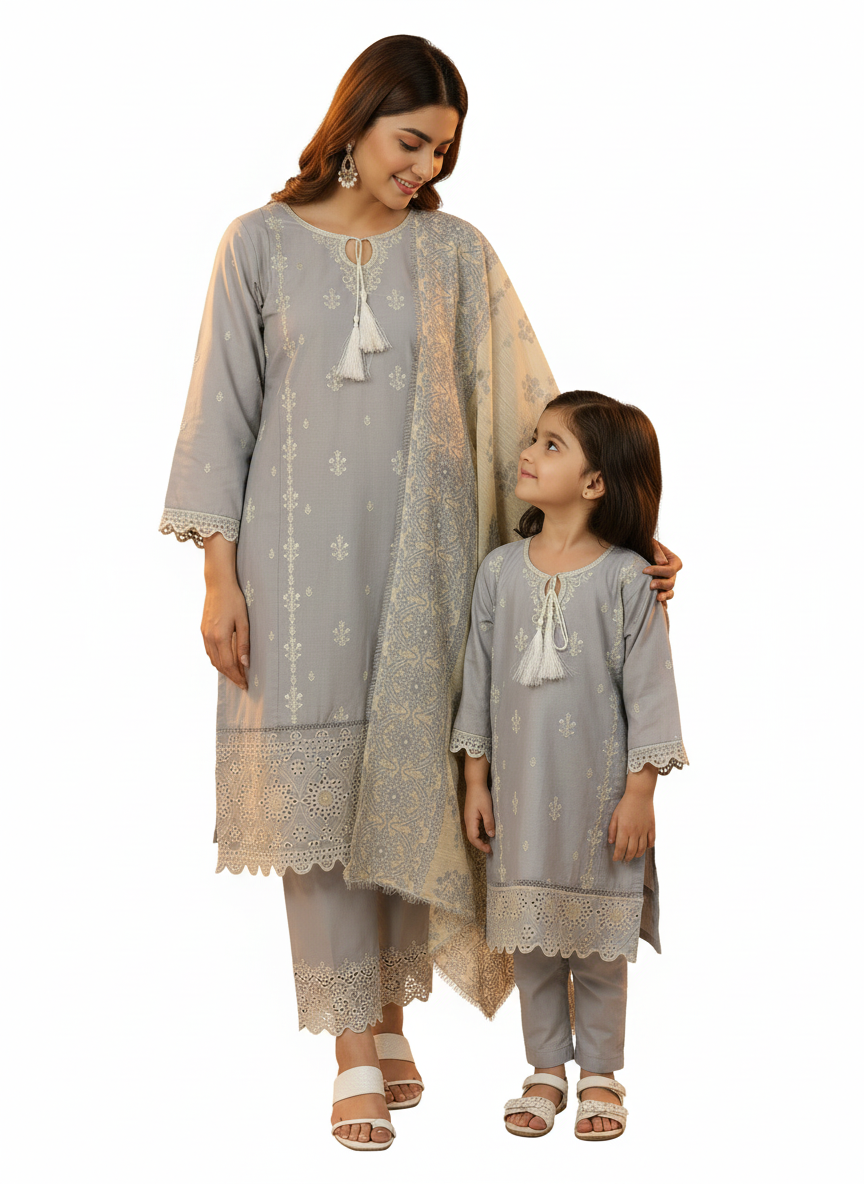 Grey Mother daughter cotton suit (2 years - Adult XL)