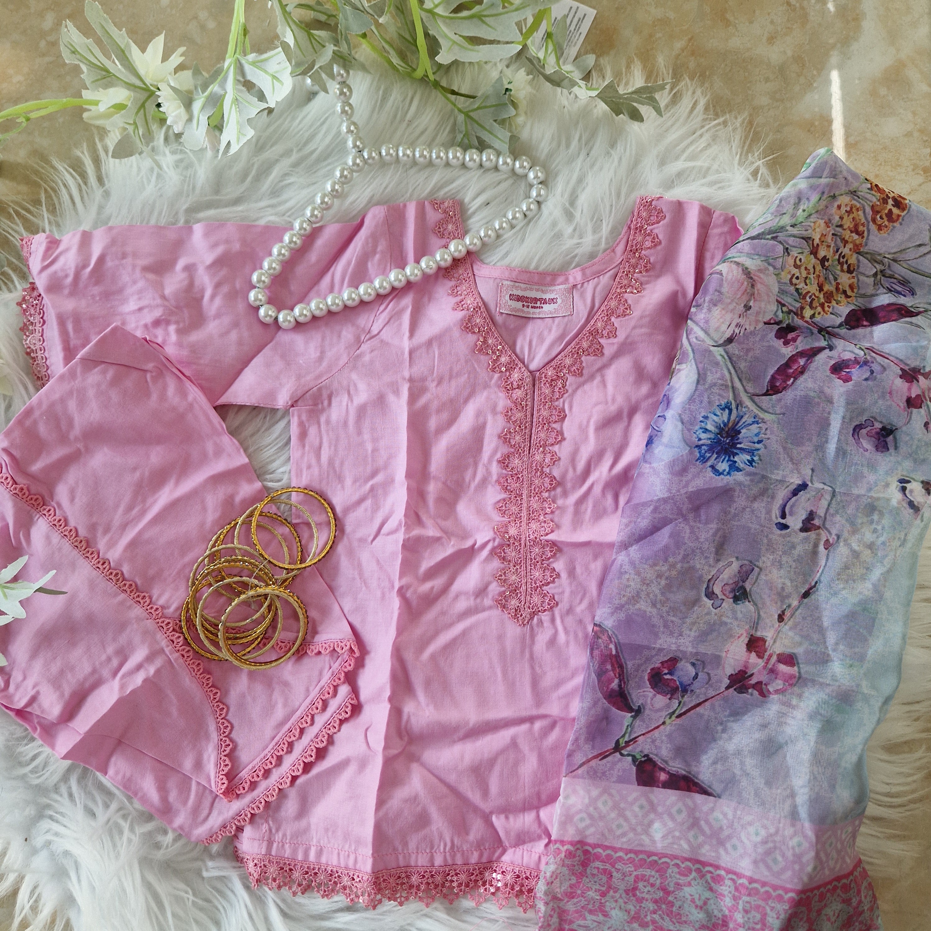 Pink kurta with tulip bottoms and floral dupatta (9-12 months)