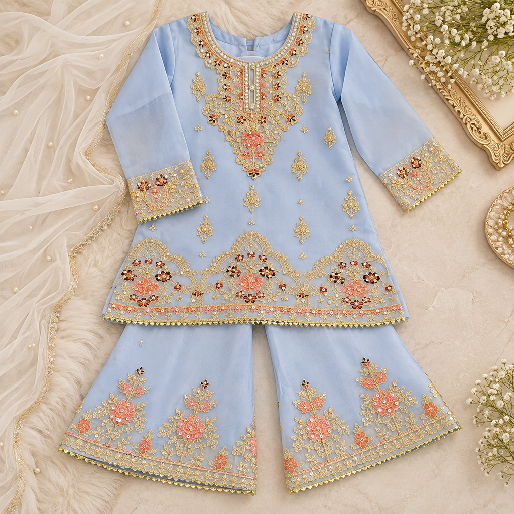 Blue/grey organza sharara (0-3 months to 3-4 years)