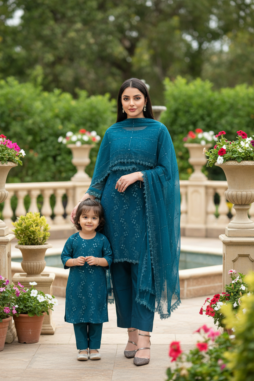 Mother daughter-Teal sequinned (0-3 months to 2-3 years)(mum xs to xl)