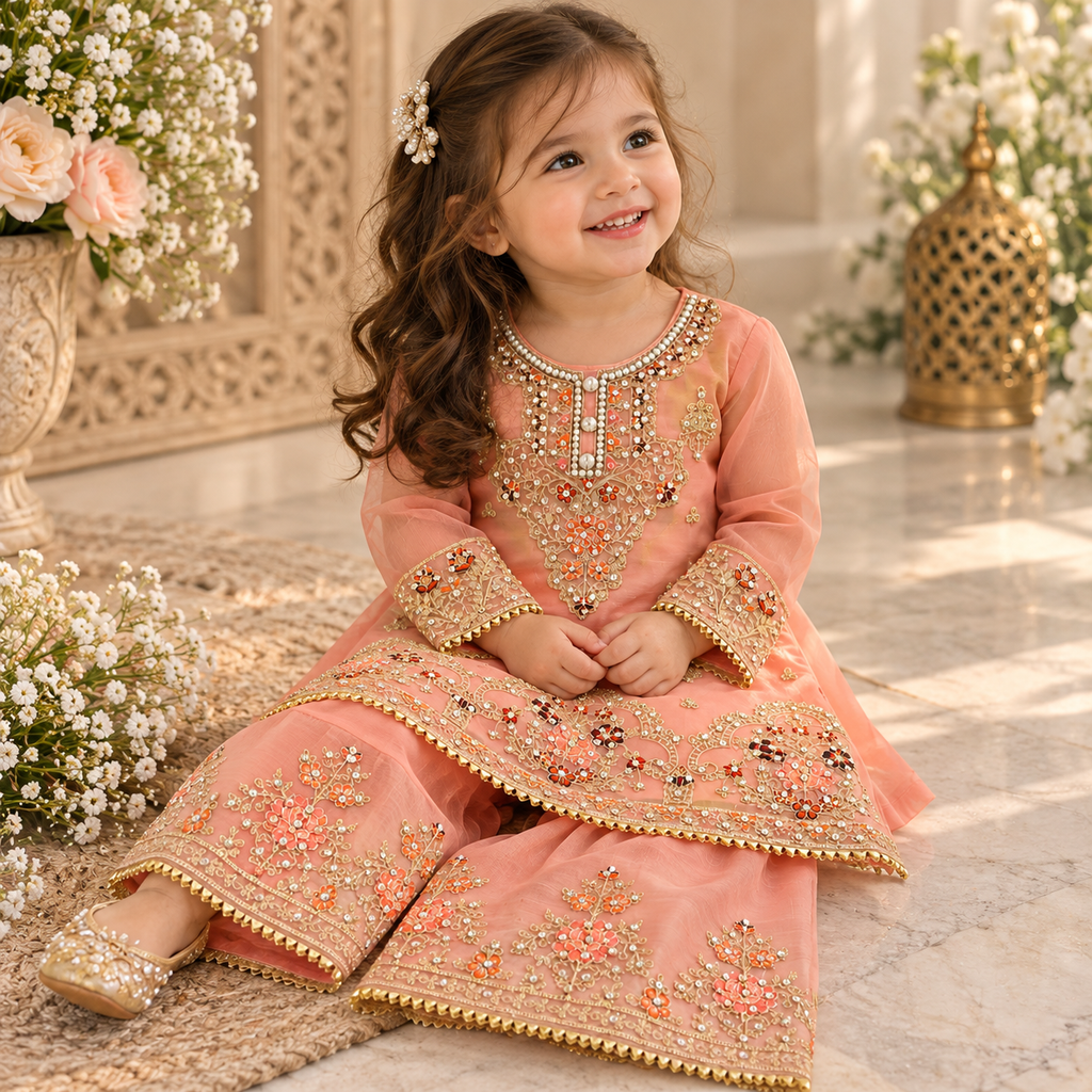 Peachy/pink organza sharara (0-3 months to 3-4 years)