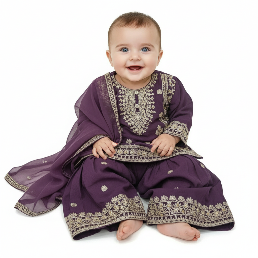 Plum embroidered gharara (3months to 4 years)