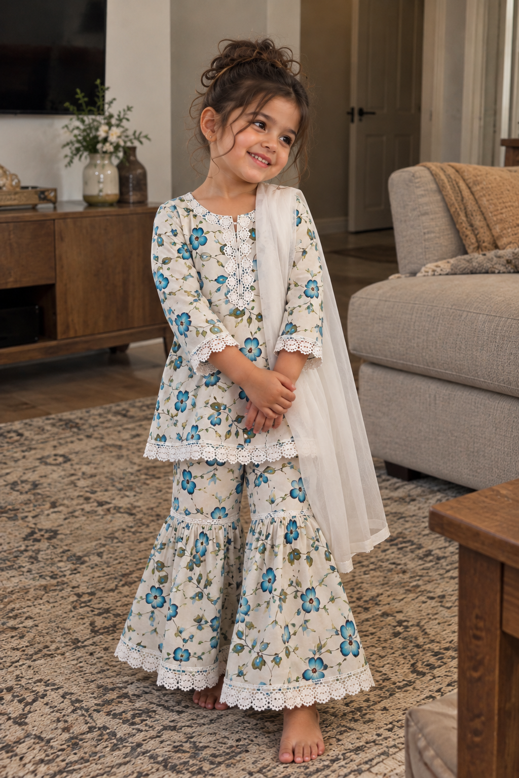 Turquoise/ white floral gharara (0-3 months to 3-4 years)