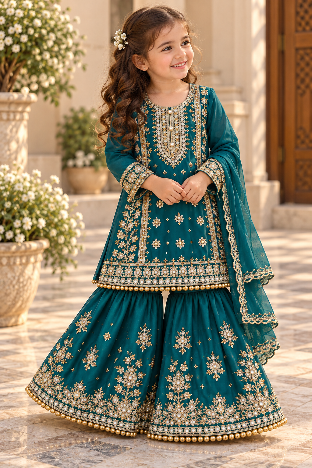 Teal organza gharara (0-3 months to 3-4 years)
