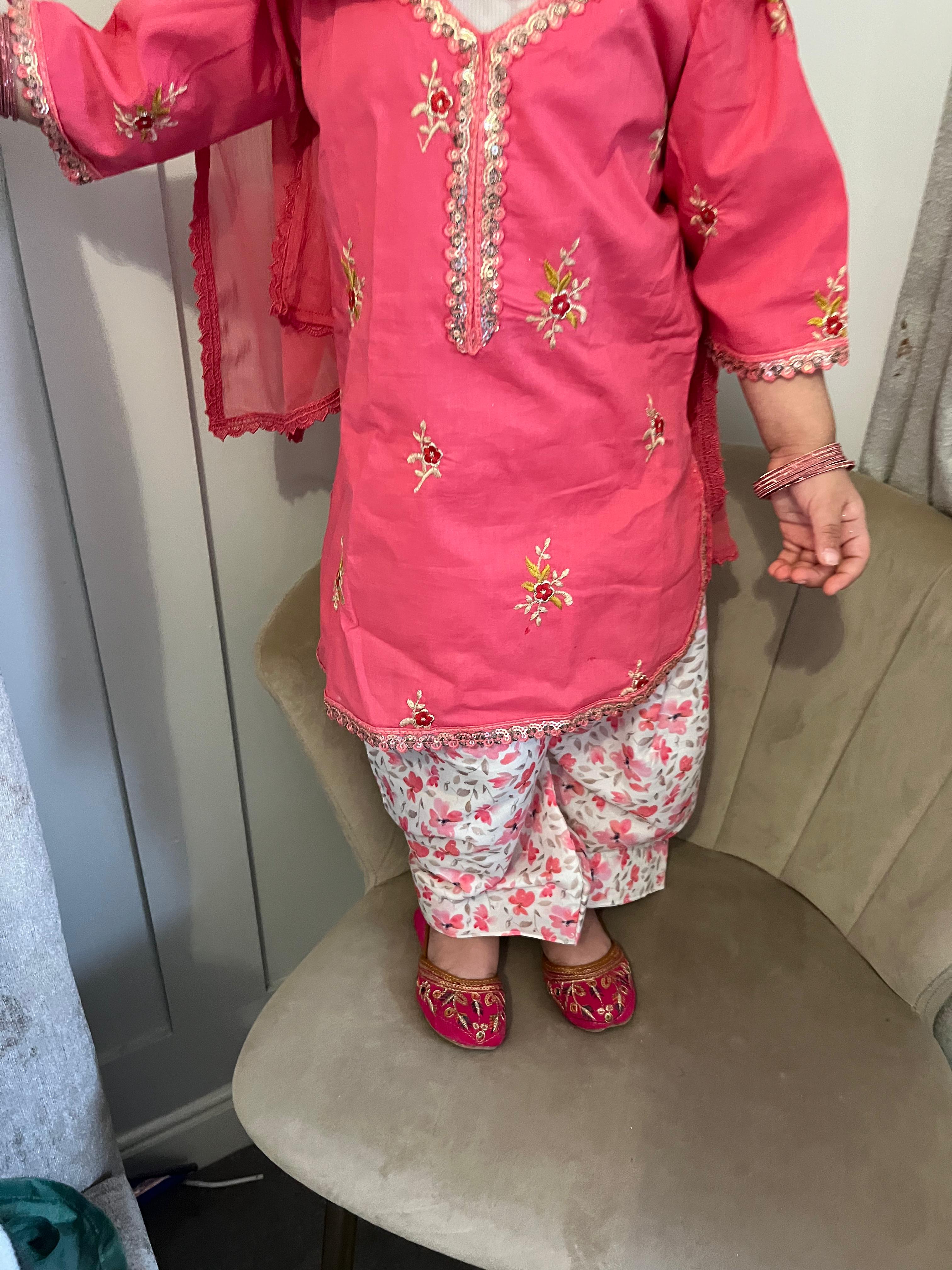 Pink puffed sleeved with farshi shalwar (0-3 months to 2-3 years)