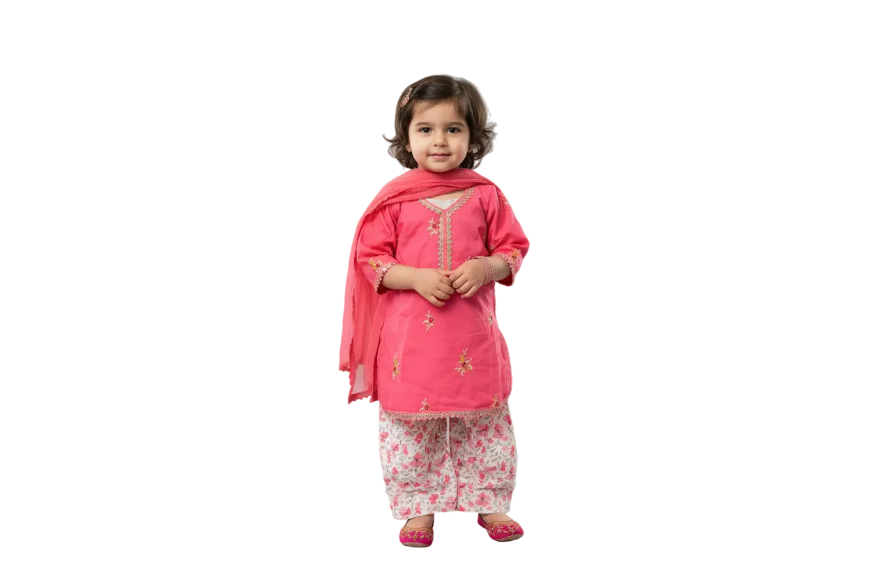Pink puffed sleeved with farshi shalwar (0-3 months to 2-3 years)