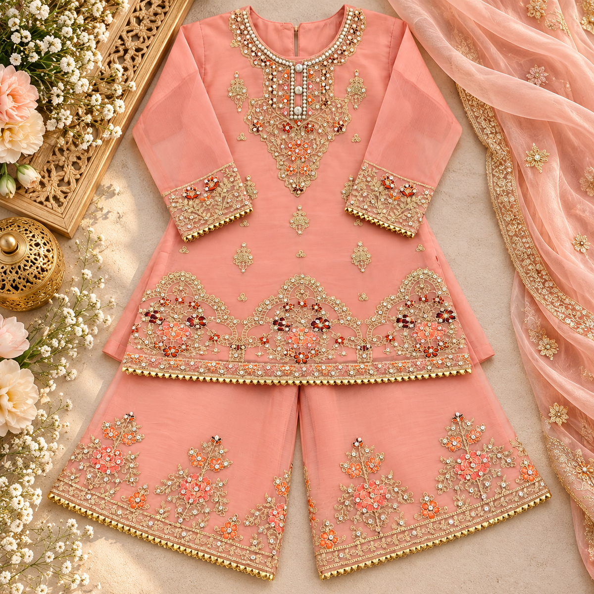 Peachy/pink organza sharara (0-3 months to 3-4 years)