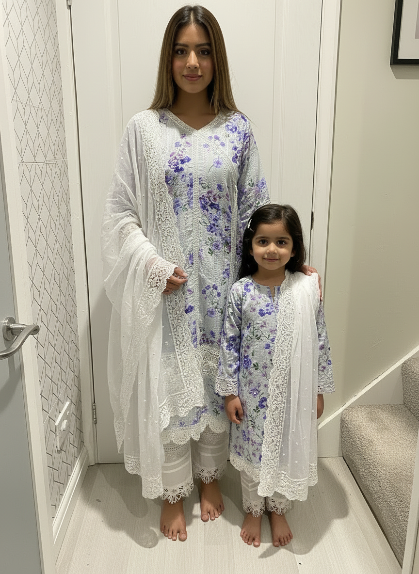 Blue white floral chikenkari (6 yrs to adult xxxl)