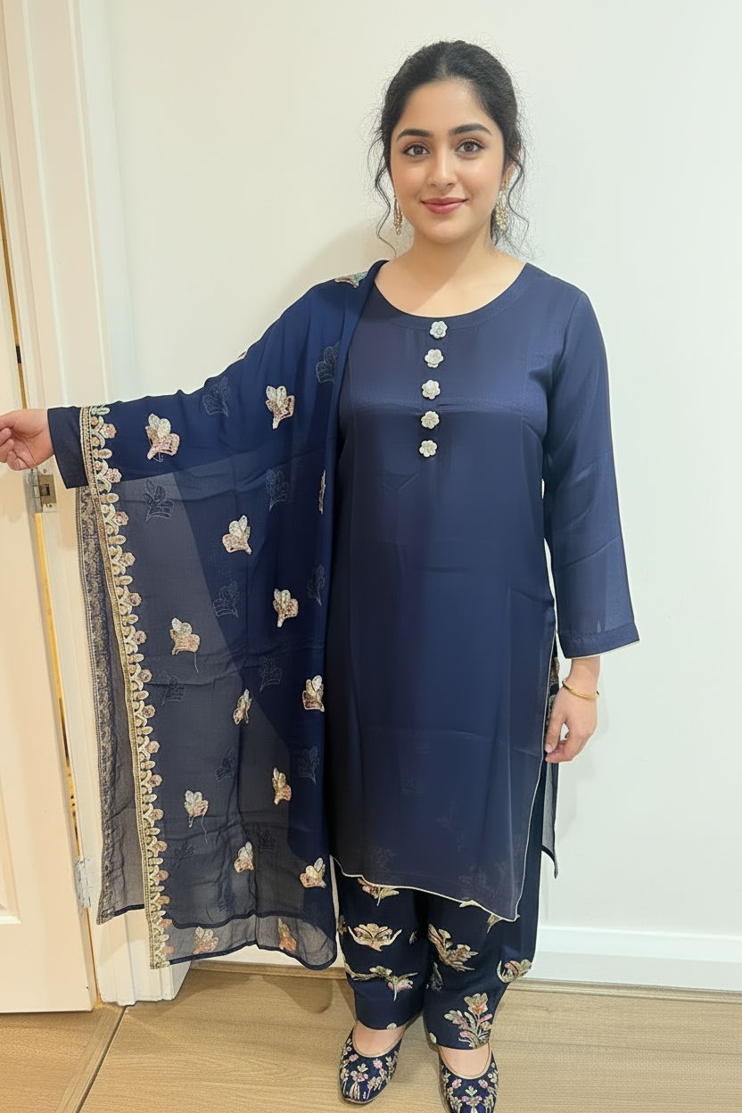 Mother Daughter- Navy silk embroidered Farshi shalwar  0-3 months to XXL
