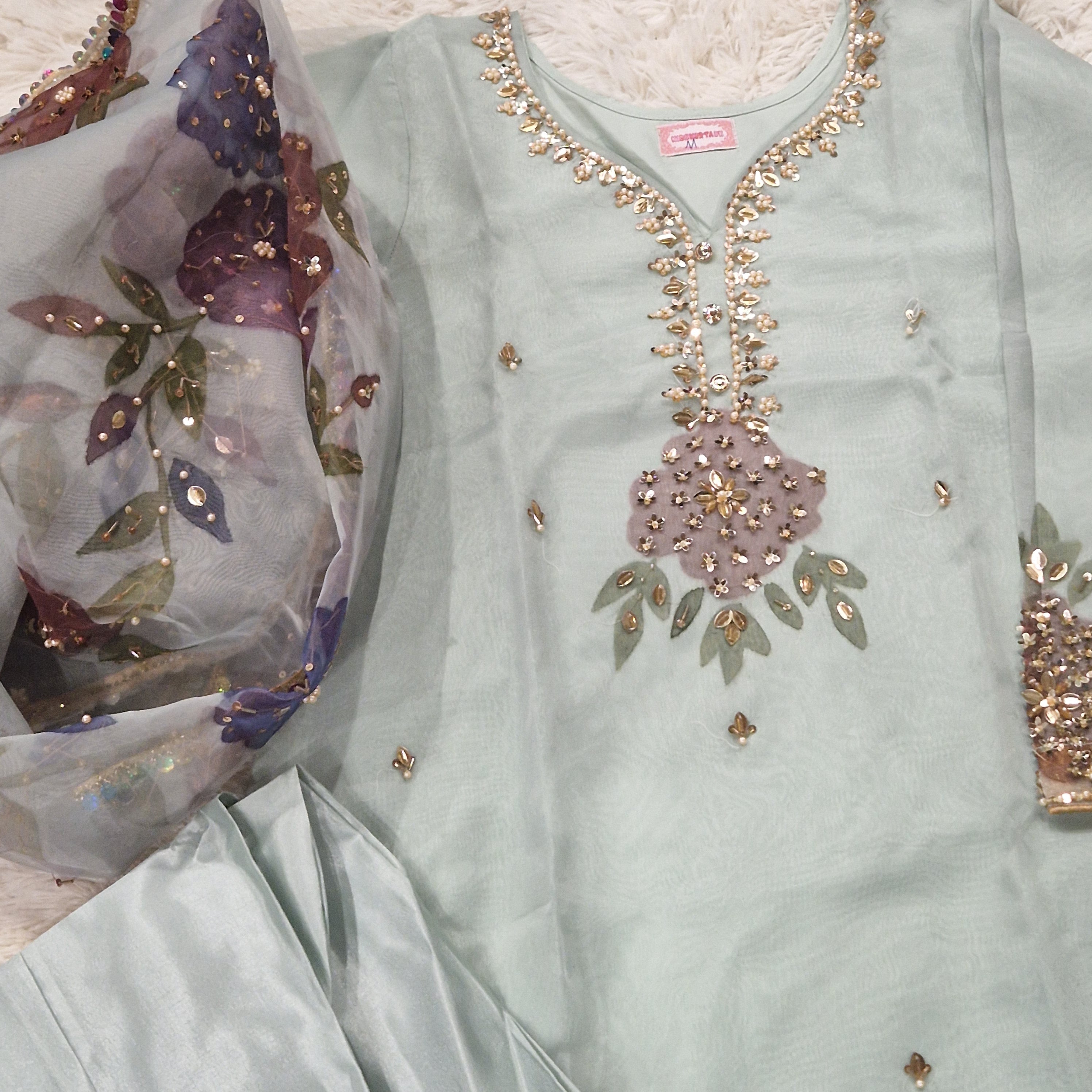 Mother Daughter -Minty organza with handpainted dupatta  (0-XXL)
