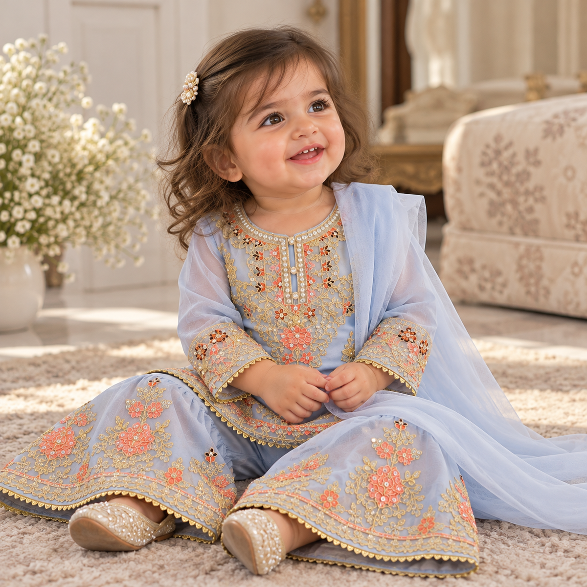 Blue/grey organza sharara (0-3 months to 3-4 years)