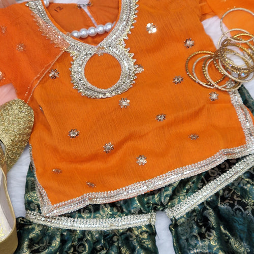 (0-3 months to Adult XXL) Orange and green chiffon/banarsi gharara