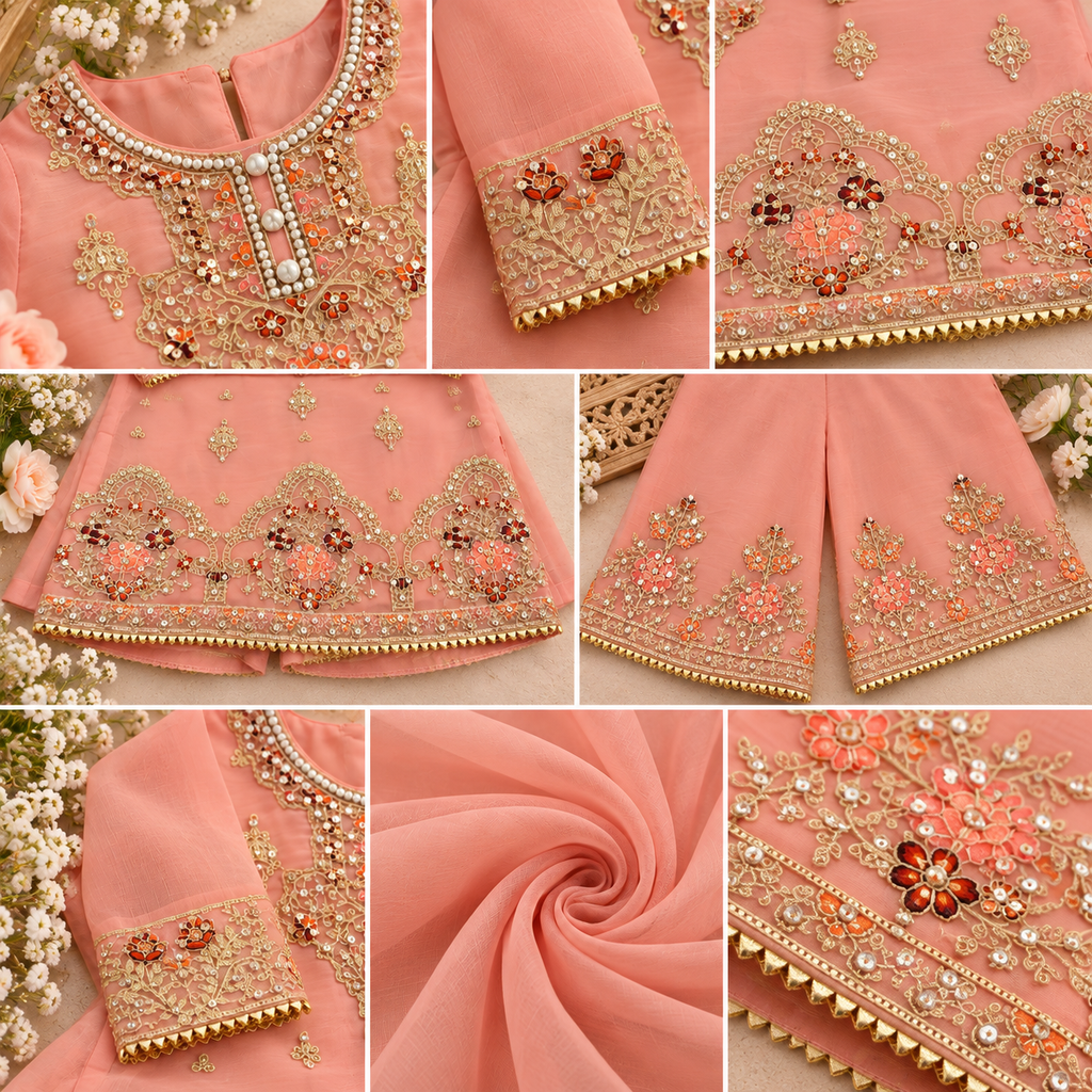 Peachy/pink organza sharara (0-3 months to 3-4 years)